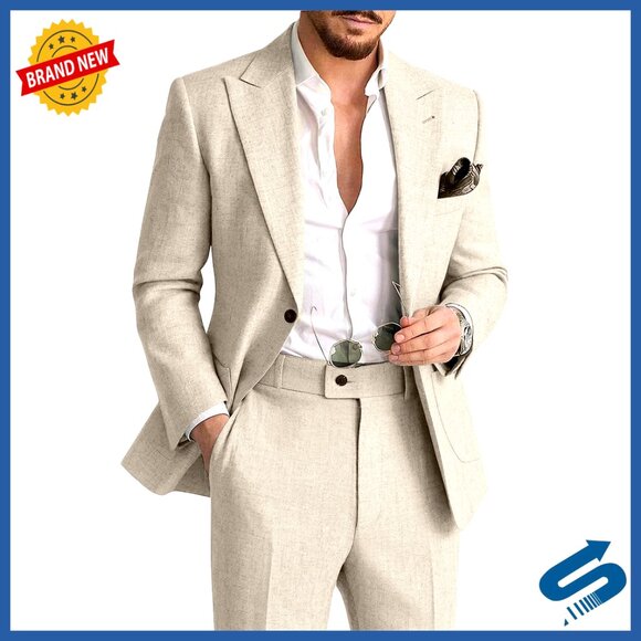 Men's Linen Suit 2-Piece Blazer Pants Set Slim Fit Summer Wedding